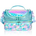 Kids Double Decker Cooler Insulated Lunch Bag, Back to School Large Meal Tote for Boys, Girls, Men, Women, with Adjustable Strap, Mermaid