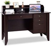 Tangkula Computer Desk with 4 Storage Drawers & Hutch, Home Office Desk Vintage Desk with Storage Shelves, Wooden Executive Desk Writing Study Desk (Brown)