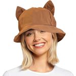 PALAY® Bucket Hat for Women Summer Cute Breathable Wide Brim Beach Sun Hat Cat Ear Round Cap Adjustable Packable Fisherman Cap for Outdoor Travel Hiking - Brown