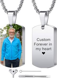 RESVIVI Personalized Dog Tag Cremation Pendant Urn Necklace Customized Engraving Photo for Men Women Boy Girl Dog Cat Stainless Steel Ashes Holder Memorial Keepsake Funnel Jewelry Silver Color