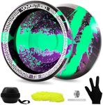 YOYOSTUDIO T16 Trick Yoyo Professional Yo Yo for Adults Kids Responsive Yoyo for Kids 8-12 Metal Yoyo with Unresponsive Yoyos Bearing Kit, 10 Yo-Yo Strings, Case & Glove (Black Green Purple)