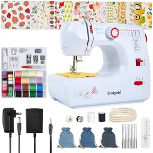 Stoigeld Sewing Machine for Beginners with 20 Pcs Fabric，3 Pcs Prefabricated kits and 32 Pcs Sewing Threads Kit,Portable Sewing Machine with 16 Built-in Stitches, 2 Speed - White Red