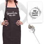 Grandma Gifts Set – 3Pc., 100% Cotton Grandma Apron with Matching Tea Towel and Engraved, Stainless Steel Tea Spoon – Mothers Day Gifts, Nana, Grandma Birthday Gifts by fabStuff