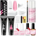 SAVILAND Poly Gel Nail Kit, 2PCS 30ML Gel Extension Kit with Mini Nail Lamp Slip Solution, Clear Pink Poly Kit with Protector Stickers Dehydrator PH Bond For Starter Beginner Art Design Salon Home