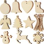 Quesuc 100 Pieces Christmas Wooden Ornaments Round Wood Slices Wood Snowflake Angel Star Shape Christmas Tree Hanging Embellishments with 100 Pieces Cords (Style 1)