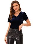 Allegra K Women's Velvet Top V Neck Short Sleeve Casual T- Shirt Dark Blue M-12