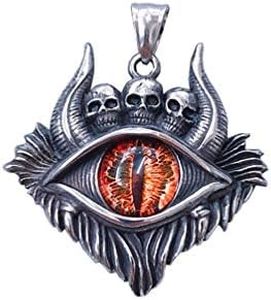 PAMTIER Men's Stainless Steel Hip Hop Vintage Longan Evil Eye Gothic Demon Skull Head Oxhorn Pendant Necklace with Chain