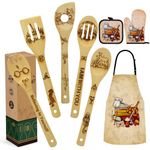 Christmas Mothers Day Gifts for Mom Women Birthday Gift Wooden Cooking Spoons Bamboo Kitchen Cooking Utensils Set with Apron Oven Mitt Potholder