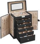 SONGMICS 6 Tier Jewelry Box, Jewelry Case with 5 Drawers, Large Storage Capacity, with Mirror, Lockable, Jewelry Storage Organizer, Christmas Gift for Loved Ones, For Watches, Black UJBC152B01