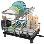 E-MANIS Dish Drainers, Double Layer Dish Rack with Drainage Plate and Rotating Nozzle, Dish drying Rack with Tableware Rack and Cup Holder（Grey）