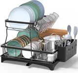 Dratal Large Dish Drying Rack, 2-Tier Dish Racks for Kitchen Counter, Dish Drainers with Utensil Holder, Kitchen Gadgets with Drainboard & Cup Holders, Black (RACK - 281)