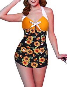 Ekouaer Womens One Piece Swimsuits Vintage Striped Skirt Bathing Suit Vintage Retro Push Up Swimwear, Sunflower, Medium