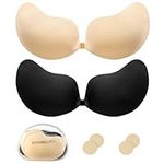 Kemowi 2 Pack Stick On Bra Push Up for Women - Breathable & Skin Friendly Sticky Invisible Adhesive Bra, Reusable Strapless & Backless Bra for Everyday Wearing, Party, Wedding with 2 Pack Nipple