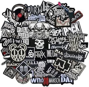 HARINI Morale Patch, 50 Pcs Mixed Patches Band Rock Music Badges Punk Embroidery Skull Patches for Jacket Jeans Backpacks Hat Assorted Style Badges Clothes Stickers DIY Applique Stripe. (Black)