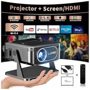 Mini Projector 1080P Native 4K, 360° Rotation & Auto Keystone, WiFi 6 & Bluetooth 5.4 – Portable Smart Projector for Home/Outdoor (Cord Required) & Travel, Includes Screen or HDMI Cable (Black)