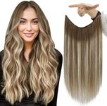 Fshine Invisible Wire Hair Extensions Brown To Ash Brown Mix Blonde One Piece Wire Hair Extensions Real Human Hair 80G Transparent Fish Line Clip in Extension Human Hair 20 Inch for Women