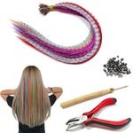 167pcs Synthetic Feathers Hair Extension set, Rainbow Colored Clip in Synthetic Hair for Party, 65 pcs Colorful Hairpieces with 100 Beads, Pliers and Hook for Girls, Women