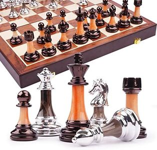 15" Metal Chess Sets for Adults Kids Folding Wooden Chess Board Travel Chess Sets with Zinc Alloy Acrylic Chess Pieces & Portable Board Game Gift – Metal Staunton Chess Pieces, & Storage Box