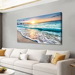 Beach Wall Art Canvas Prints Seascape Picture Framed House Decor Natural Landscape Poster Blue Ocean with White Waves Sunset Painting Artwork for Living Room Bathroom Kitchen Office Wall Decoration