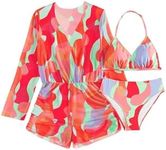 SHENHE Girl's Color Block Halter Swimsuits 3 Piece Bathing Suit with Long Sleeve Coverup Multicolor A 11 Years