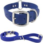 Regal Dog Products Large Blue Waterproof Dog Collar and Leash Set - Vinyl Coated Biothane Pet Training Collar with Heavy Duty Center Ring & 5'ft Leash - Other Sizes for Puppy, Small & Medium Dogs