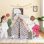 HONEY JOY Kids Play Tent, Hideaway Playhouse for Children w/Climbing Wall, White Board with Eraser, Basketball Hoop, Soccer Gate, Toddler Activity Play Set w/ 3 Rings & Hook for Boys & Girls, Grey