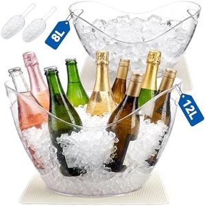 12L & 8L Ice Bucket for Parties, 2 Pcs Clear Large Capacity Champagne Wine Buckets Durable Plastic Beverage Tubs with Scoop and Drip Mat for BBQ, Wedding, Cocktail Bar, Party