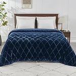 Exclusivo Mezcla Queen Size Flannel Fleece Blanket, 230x230 CM Soft Decorative Geometry Pattern Velvet Plush Bed Blanket, Navy Blue Blanket