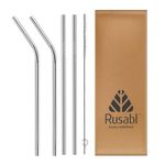 Rusabl (Pack of 4, Silver) Stainless Steel Straws for Kids & Adults with Cleaning Brush, Reusable Metal Straws, Steel Straws for Drinking Juice (2 Straight & 2 Bent)