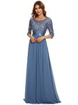 Ever-Pretty Women's Elegant 3/4 Sleeves Sequin Empire Waist A Line Chiffon Mother of The Bride Dresses Denim Blue 28UK