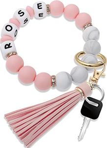 Panny & Mody Personalised Silicone Bead Key Ring Bracelet Elastic Keychain Wristlet for Women with Leather