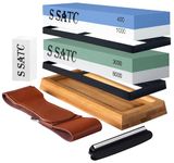 SATC Sharpening Stones for Kitchen Knives 400 1000 3000 8000 Grit Whetstone Sharpeners Wet Stone Knife Sharpener Stone with Non-Slip Wood Base, Flattening Stone, Angle Guide and Leather Strop