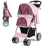 Giantex Folding Dog Stroller, Pet Stroller for Small Medium Dogs Cats Puppy, 4 Lockable Wheels Cat Stroller Travel Carrier Strolling Cart, Safety Belt, Removable Liner and Storage Basket (Light Pink)