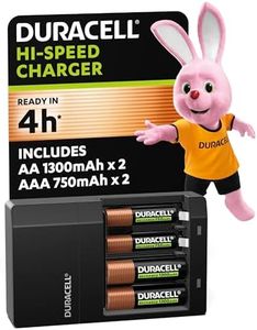 DURACELL Hi-Speed Battery Charger, 4 hours, Compatible with AA and AAA NiMh Batteries, 2x AA 1300mAh and 2x AAA 750 mAh, Rechargeable Batteries Included