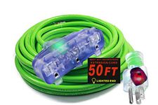 Outdoor Extension Cord 50ft 10/3 Triple Outlet 3 Prong With Lighted Ends 10 Gauge Power Extension Cord Power Your Major Appliances (50 ft Triple Tap, green)