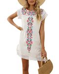 Casual Summer Dresses for Women Mexican Dress Peasant Midsommar Traditional Embroidered Ruffle Beach Coverup Black White, White, Medium