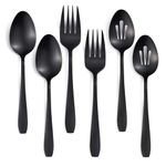 Seeshine 6 Pieces Large Black Serving Utensils, Serving Spoon x 2, Slotted Serving Spoon x 2,Serving Forks x 2, Stainless Steel Serving Utensils Set for Buffet Party Banquet Cooking Kitchen