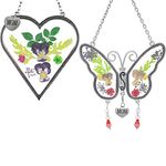 Mom Gifts - Mom Butterfly and Heart Sun Catcher Set - Stained Glass Suncatchers with Pressed Flowers - Engraved Silver Mom Charms