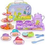 LOYUEGIYO Dinosaur Tea Party Set Toys for Girls Boys Toddler,Children Kitchen Pretend Role Play Food Toy,Educational Learning Kid Girl Toys Gifts for 3 4 5 6 7 Year Old,Teapot&Teacups&Dishes&Desserts