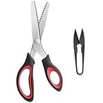 KUONIIY Pinking Shears Serrated, Comfort Grips Handled, Professional Dressmaking Sewing Craft, Zig Zag Cut Scissors, 9 Inch, Black Red