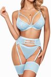 popiv Women's Sexy Lingerie Set with Garter Belt Matching Bra and Panty Lingeries Sets 4 Piece, N Baby Blue, Medium