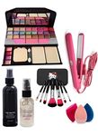 LIP N CHIC GLOW Tya Fashion 6155 Multicolor Makeup Kit and 7 Black Brushes Set, 1 Matte Fixer, 1 Makeup Base Primer, 1 Mini Hair Straightener with 3 Beauty Blenders - (Pack of 14)