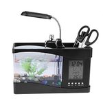 Multi-function USB Rechargeable Mini Fish Tank, Creative LED Night Light Calendar Pen Holder LCD Time / Alarm Clock / Temperature Display Music Playing Function Recyclable Water Aquarium Desktop Decoration (Black)