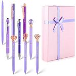 9 Pcs Ballpoint Pens, Pens for Women Gift Box Purple Metal Aluminum Rod with Crown Diamond Heart Star Decorate Retractable Ballpoint Pen