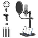 Desktop Microphone Stand with Phone Holder, 2 in 1 Adjustable Mic Stand Desk with Pop Filter, Shock Mount, Microphone Clip, 3/8" to 5/8" Metal Screw Adapter for Blue Yeti Snowball Ice and Other Mics