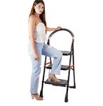 Homace Strong Heavy Duty Foldable Durable Metal Wide 3 Step Ladder for Home Anti Non Skid Indoor Outdoor Use Smart Plateform 3 Year Warranty (3 Steps, Color - Black)