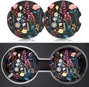 2 Pack Car Cup Holder Coaster, 2.63inch Anti Slip Insert Absorbent Ceramic Car Coaster with Cork Base and Finger Notch, Cute Car Accessories Interior for Women, Cute Car Coasters. (Black Flowers)