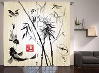 Ambesonne Japanese Curtains, Artistic Birds Fishes and Bamboo Leaves Abstract Painting Oriental Style, Living Room Bedroom Window Drapes 2 Panel Set, 108 W X 84 Inches, Black Gray Ivory