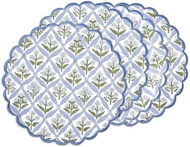 Ridhi Light Steel Blue Bo-ho Round Place Mat Easter Floral Cotton Washable Placemats 15" Round Embroidery Block Print Table Mat Pack of 8-15 Inch Round
