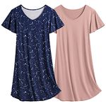 Ekouaer 2 Pack Nightgown for Women Flare Short Sleeve Sleep Shirt Soft Sleepwear Nightshirt Pink+Star Print S